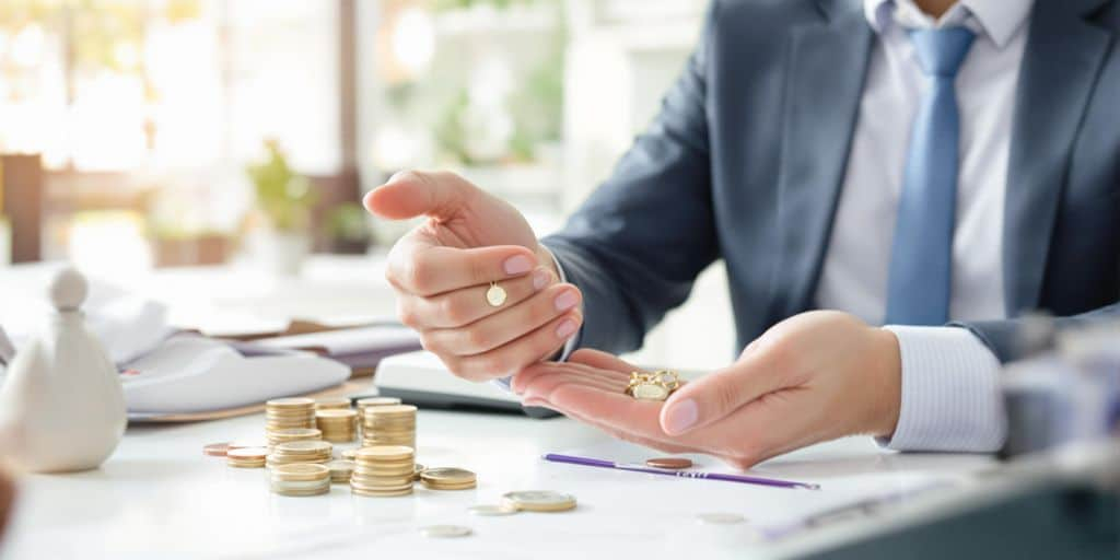 Client remet bijoux à employé derrière bureau lumineux