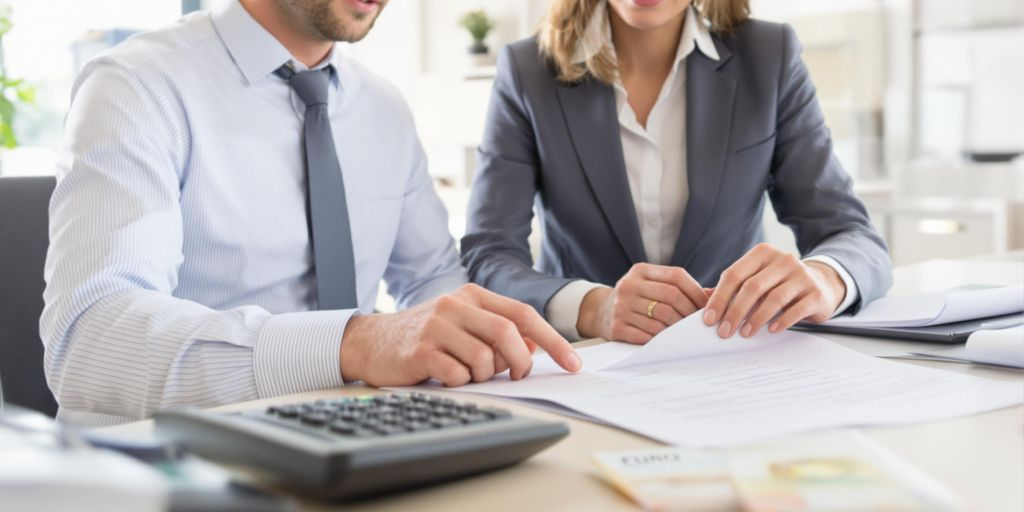 Banquier et client discutent d'un prêt dans un bureau.