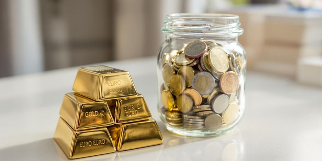 Lingots d’or et bocal de pièces en euros côte à côte
