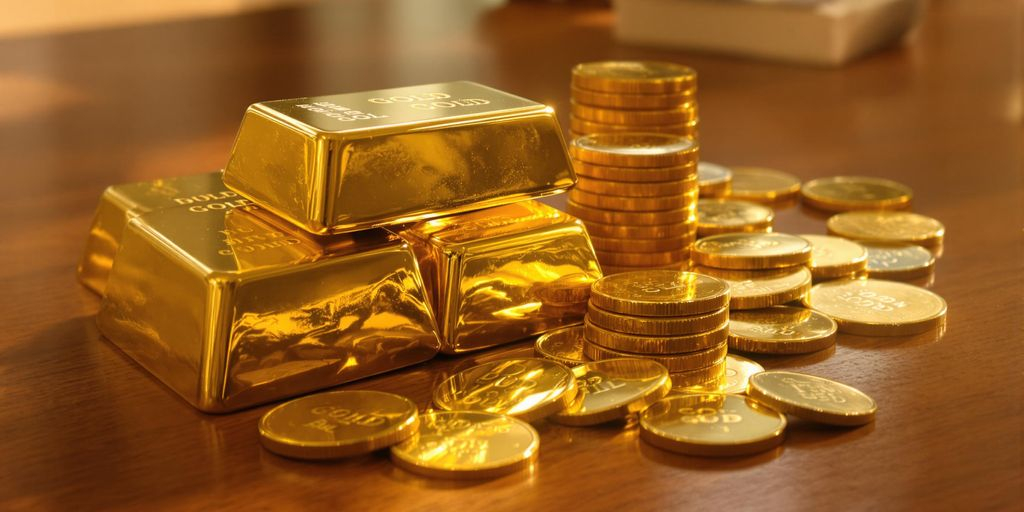 Lingots et pièces d’or brillants sur une table en bois.