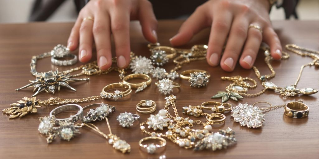 Bijoux anciens sur une table avec des mains en arrière-plan