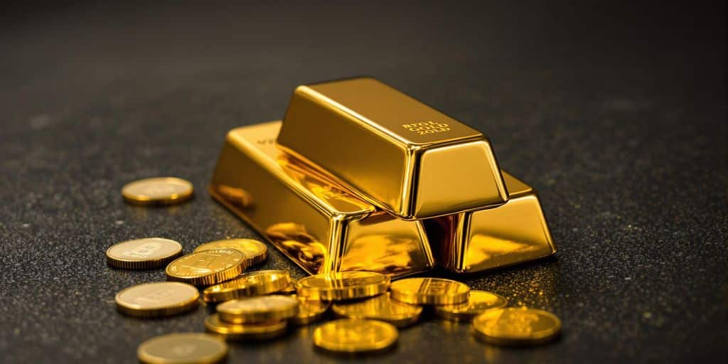 Lingots d’or empilés et pièces en gros plan