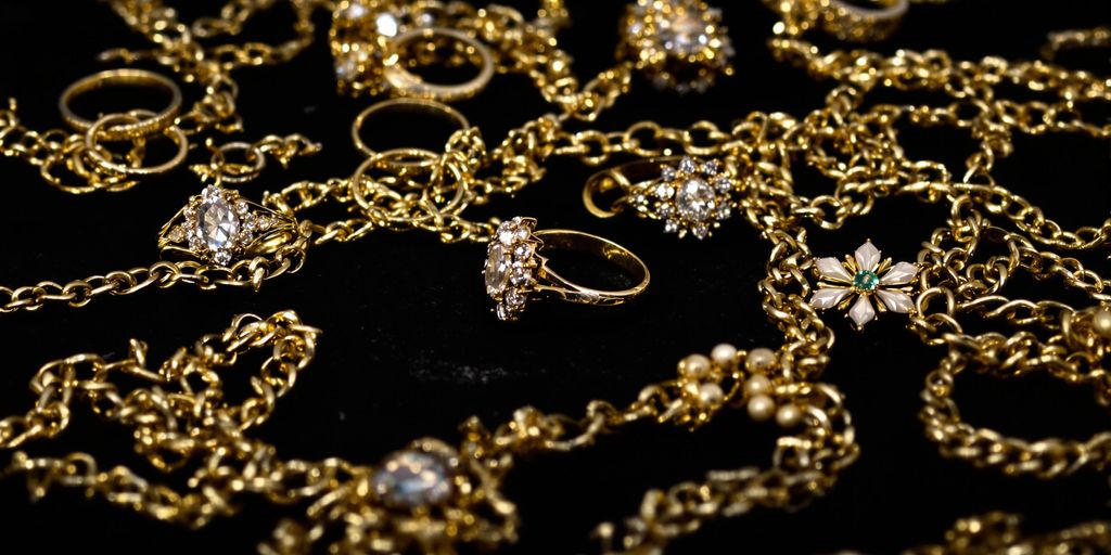 Bijoux en or anciens posés sur un fond sombre.