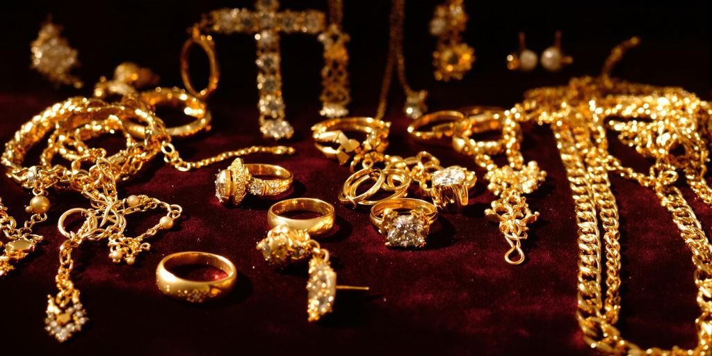 Différents bijoux en or sur un fond en velours.