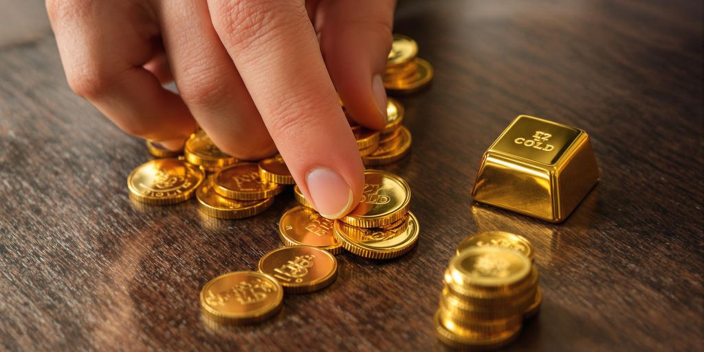 Main tenant des pièces d'or et un lingot sur une table