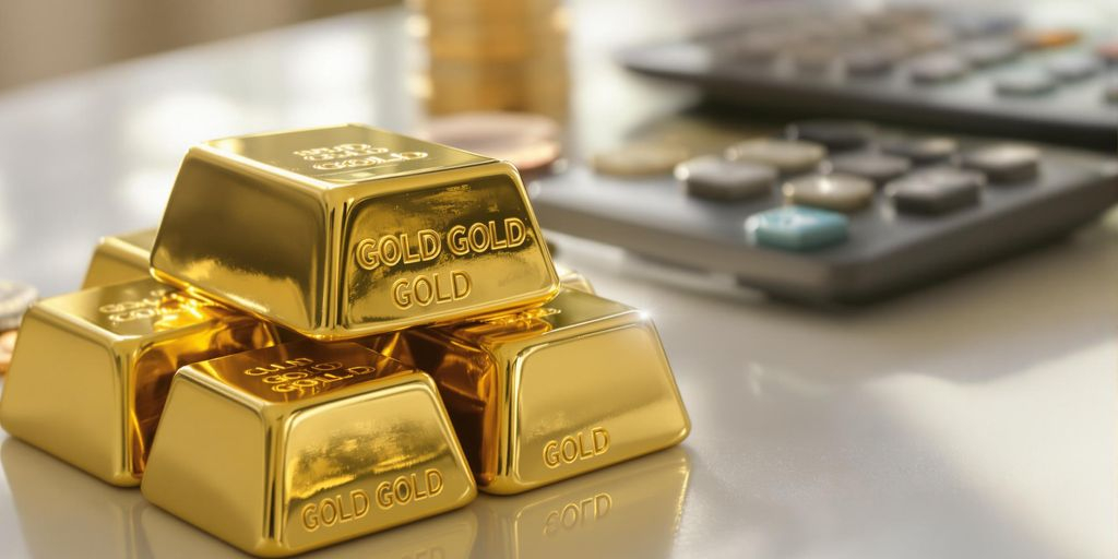 Lingots d'or empilés sur une table avec calculatrice floue