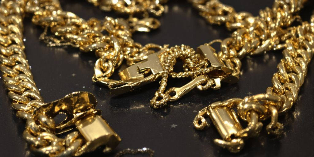 Bijoux en or avec fermoirs cassés sur fond sombre.
