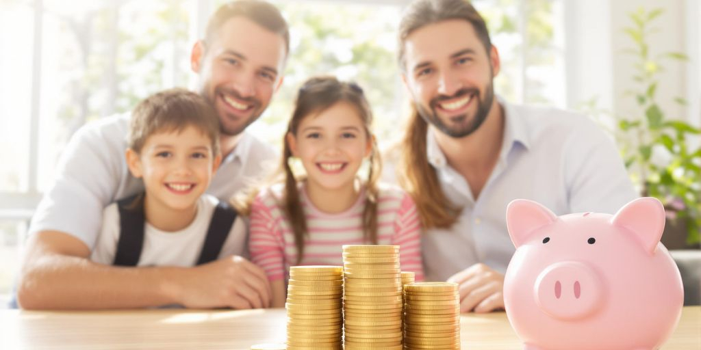 Famille souriante avec pièces d'or et tirelire sur la table