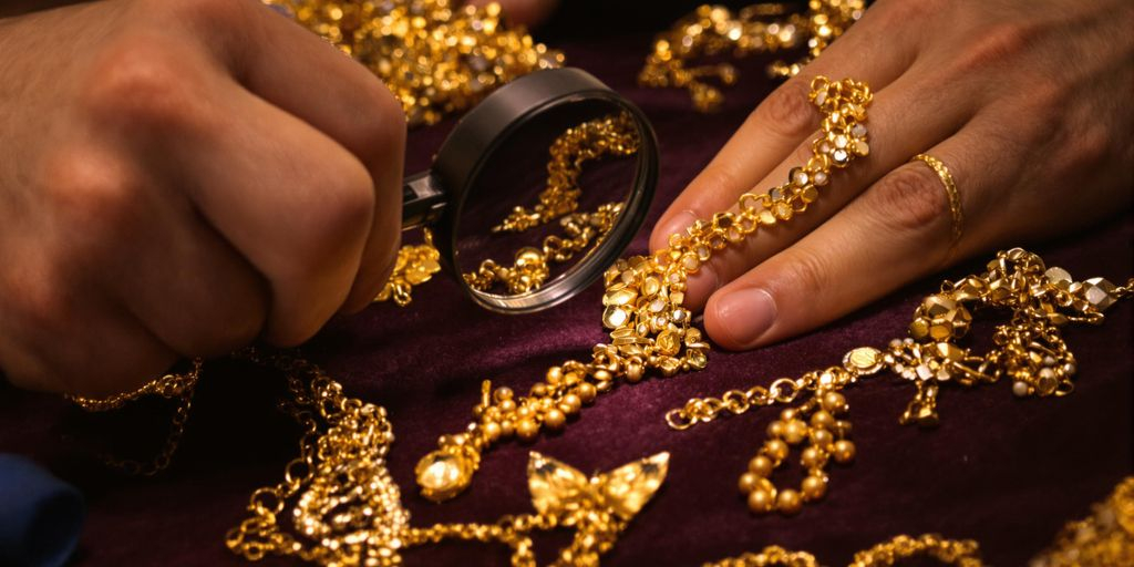 Bijoutier examinant un collier en or avec une loupe.