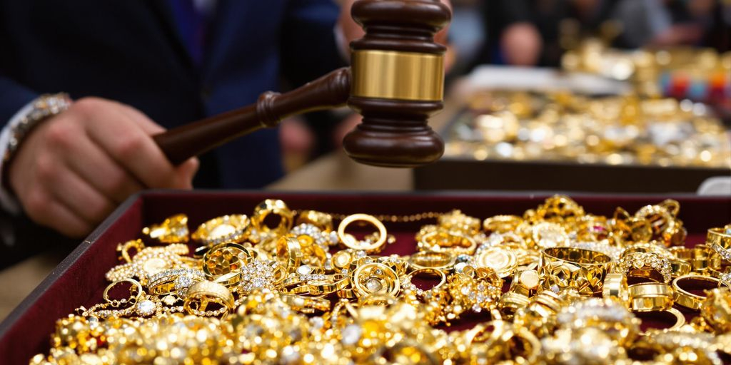 Bijoux en or sur plateau lors d'une vente aux enchères