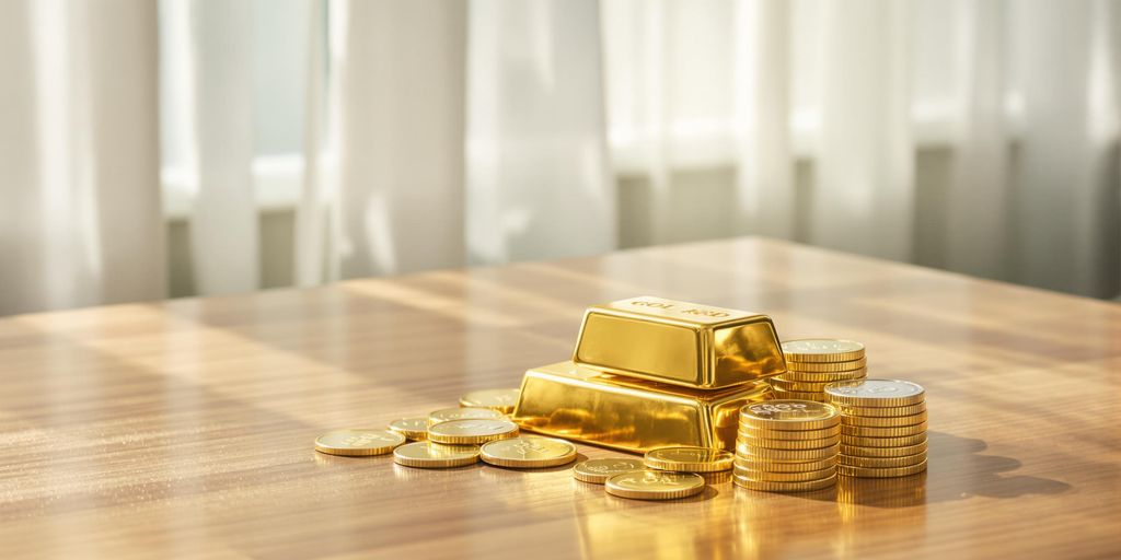 Lingots et pièces d’or brillants sur une table en bois.