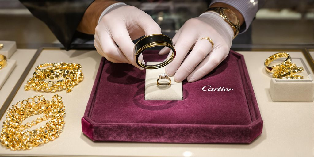Bijoux Cartier élégants examinés par un expert en boutique