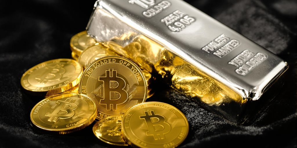 Pièces d'or et lingots d'argent sur une surface sombre.