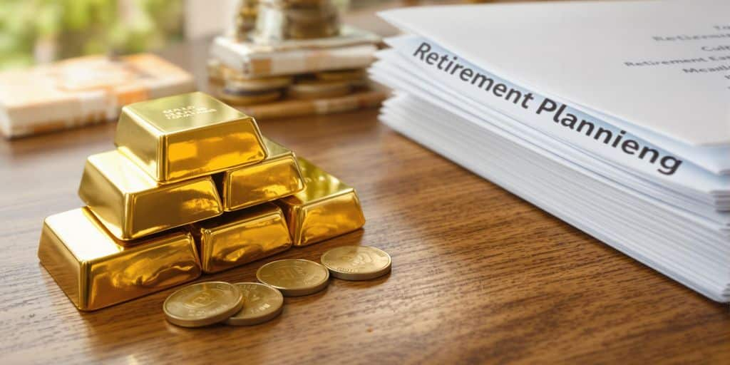 Lingots d’or et pièces près de documents de retraite