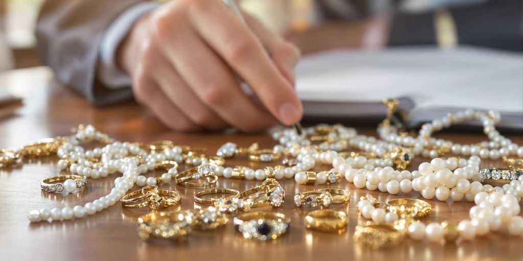 Notaire examinant des bijoux anciens sur une table en bois.