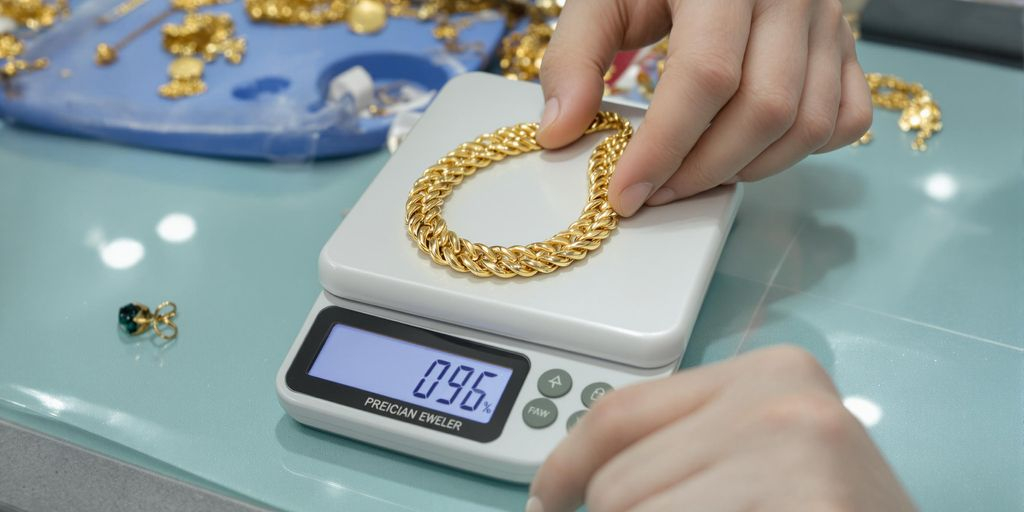 Bijoux en or pesés sur une balance par un bijoutier