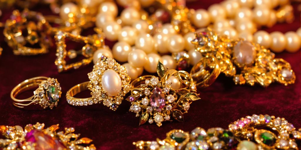 Bijoux anciens en or, perles et pierres précieuses sur velours.