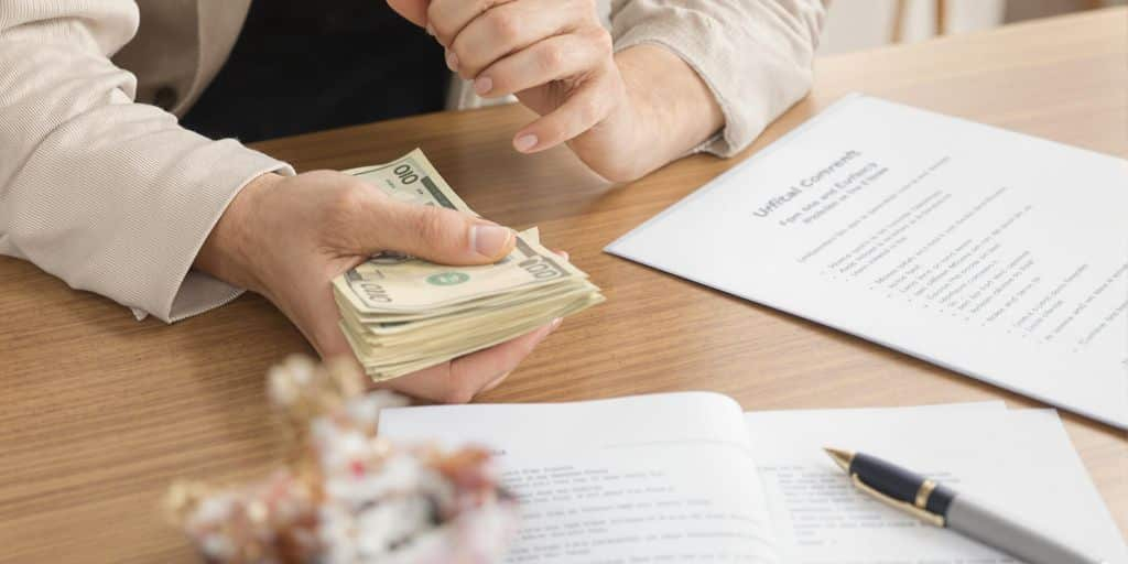 Person examinant de l’argent et des documents sur une table.