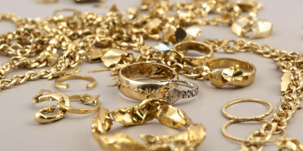Bijoux en or abîmés posés sur une surface neutre.