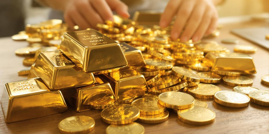 Lingots et pièces d'or sur une table en bois