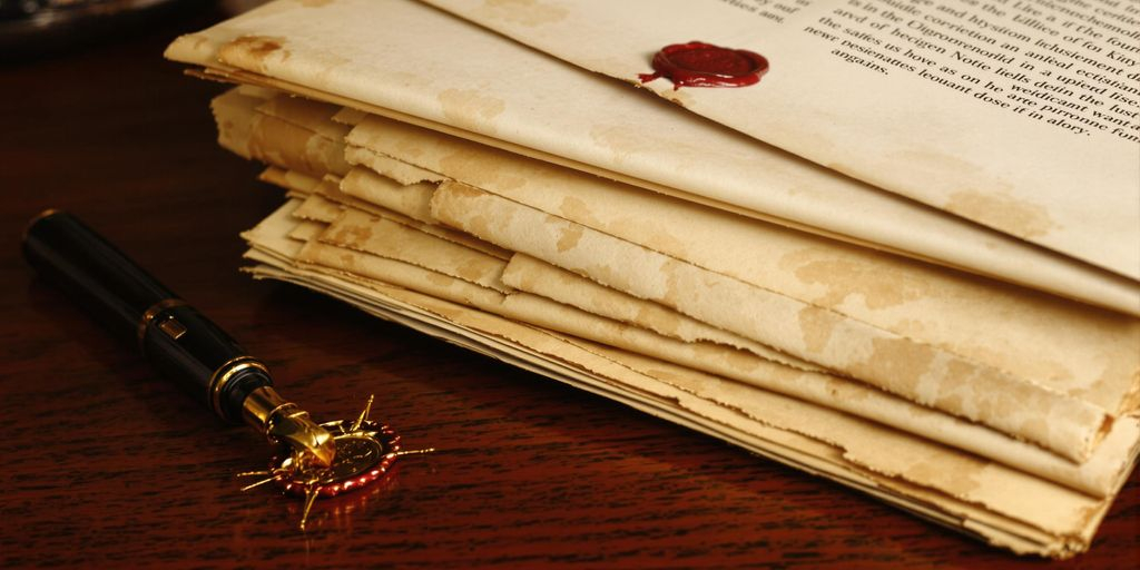 Certificats anciens, sceau en cire et documents sur bureau