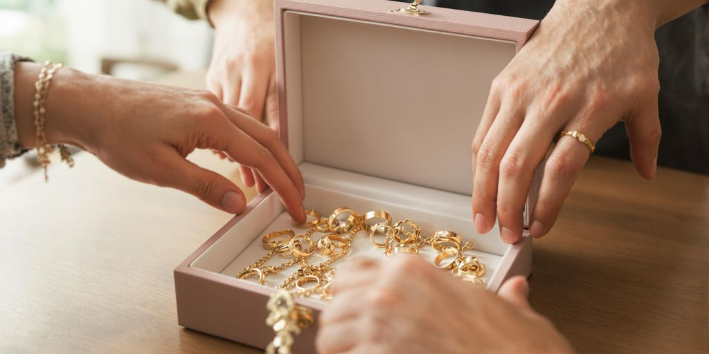 Plusieurs mains attrapent des bijoux dans une boîte ouverte.