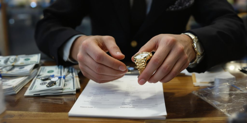 Personne échangeant une montre contre de l'argent chez un prêteur