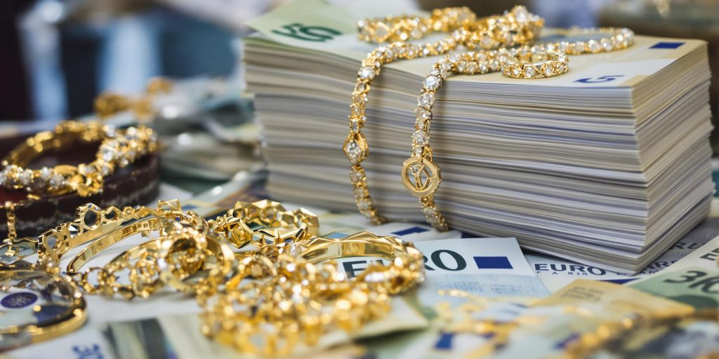 Bijoux en or posés à côté de billets d'euros
