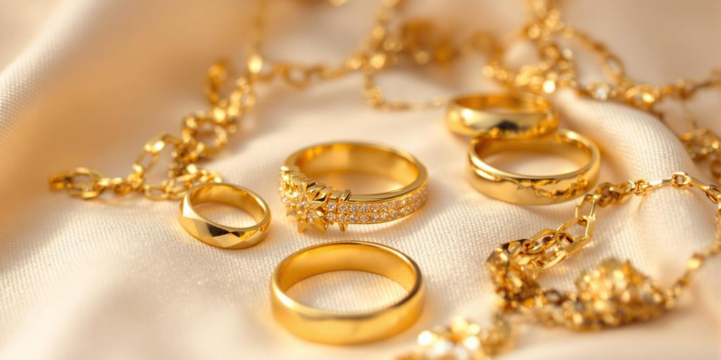 Bijoux en or posés sur un fond en tissu doux