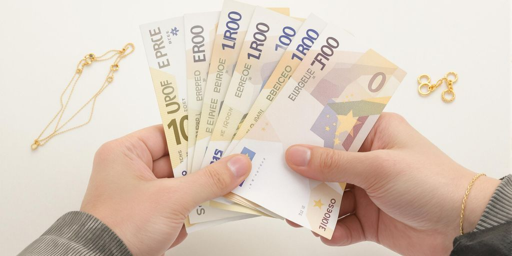 Main recevant des billets d'euros avec bijoux en or posés
