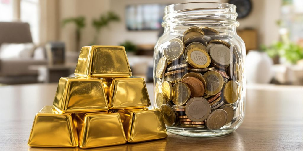 Lingots d'or et bocal de pièces euros sur table.