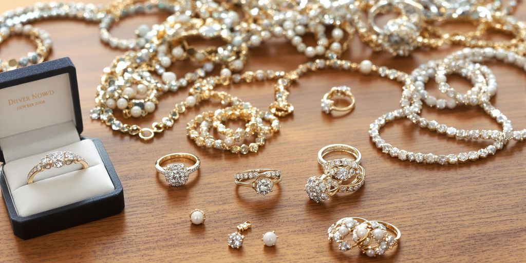 Bijoux variés disposés seuls et en petits groupes sur table