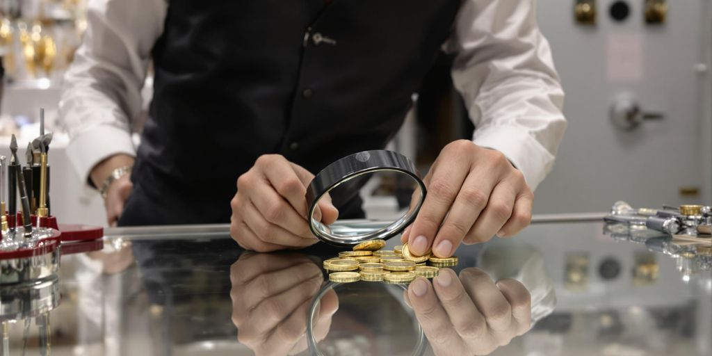 Un expert examine des pièces d’or avec une loupe.