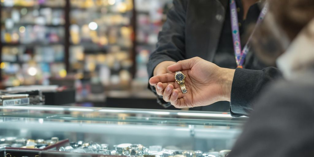 Client donnant une montre à un employé de prêt sur gage