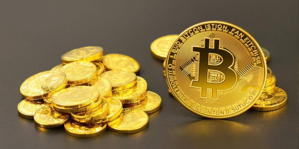 Pièces d'or et jetons Bitcoin sur table