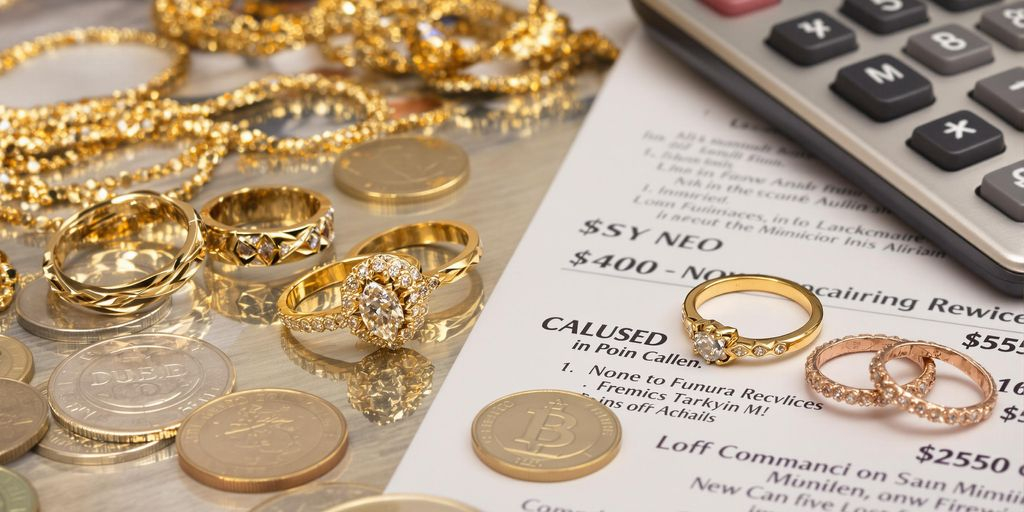 Bijoux en or posés près d'une calculatrice et des pièces