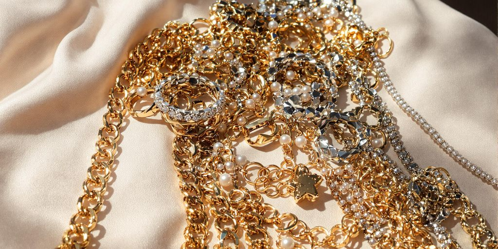 Différents bijoux sur un tissu, comprenant or et fantaisie.