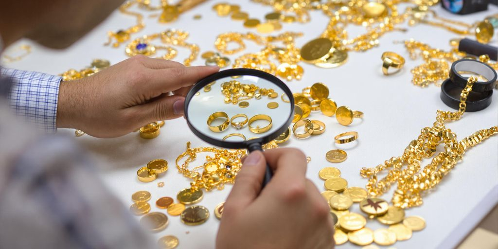 Un bijoutier examine des bijoux en or sur une table.