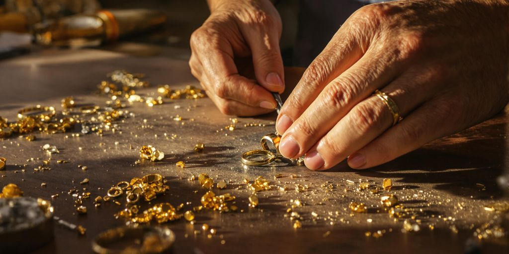 Artisan façonnant une bague en or sur un établi en bois.