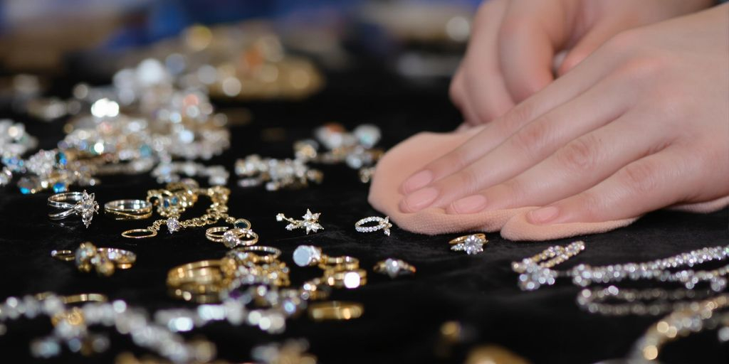 Mains nettoyant des bijoux en argent et or sur une table.