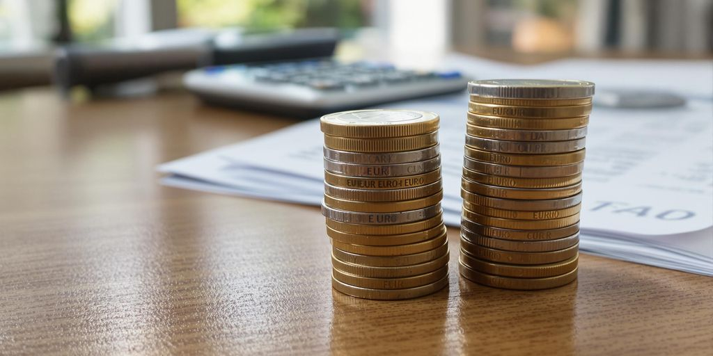 Deux piles de pièces euros sur une table en bois.