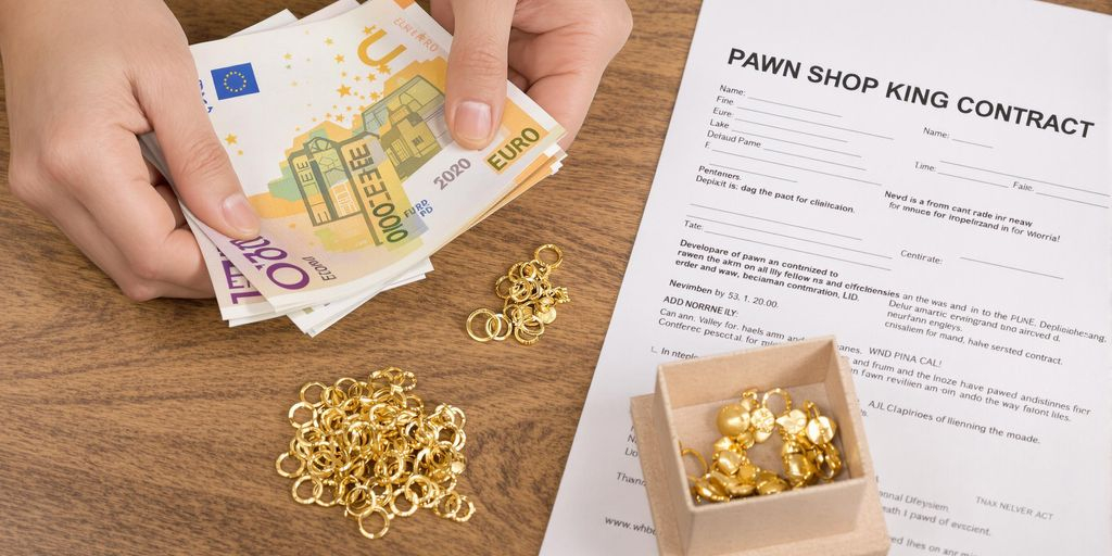 Mains tenant des billets d'euros près de bijoux en or.