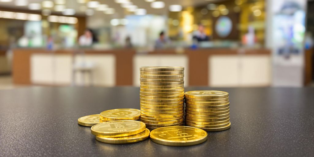 Gros plan sur pièces d’or devant guichet bancaire