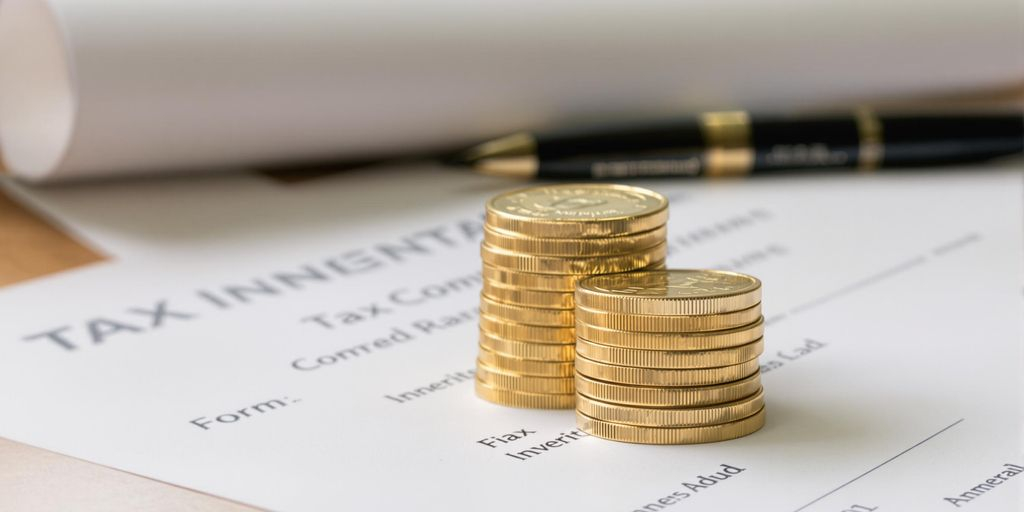 Pièces d'or héritées posées sur des documents fiscaux.