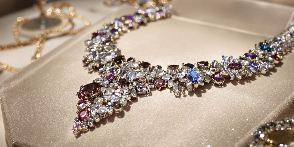Collier rare entouré de bijoux ordinaires sur velours sombre.