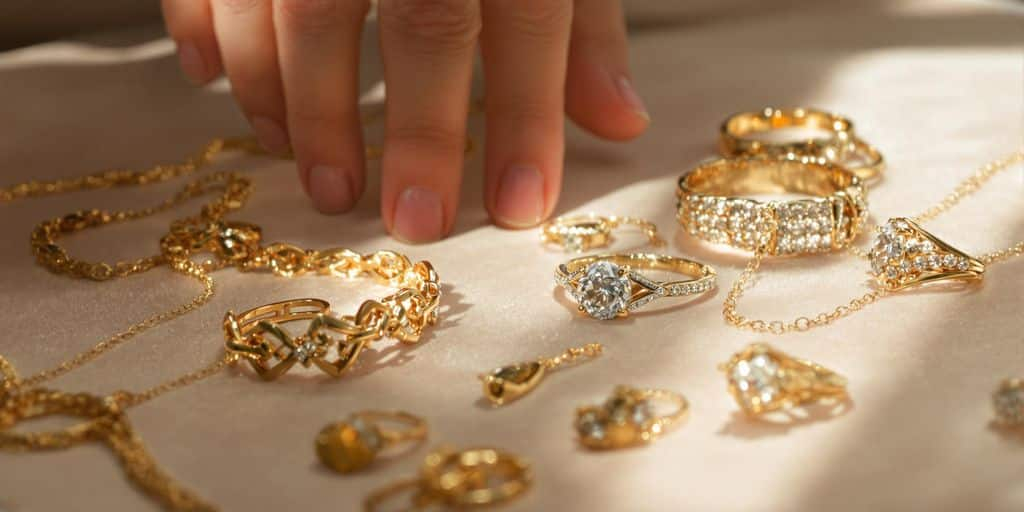 Main élégante touchant bijoux en or et diamants sur velours.