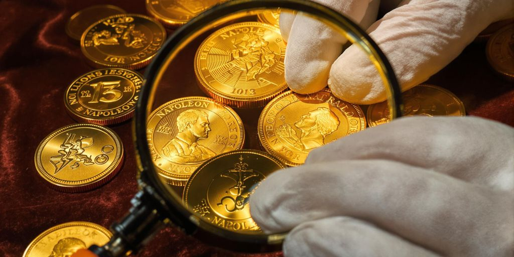 Pièces Napoléon en or examinées avec une loupe sur velours.