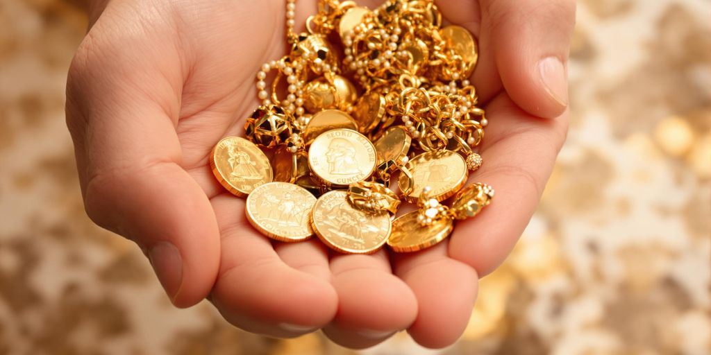 Main tenant des pièces d'or et bijoux anciens dans la main