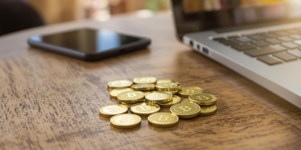Pièces en or, smartphone et ordinateur sur une table.