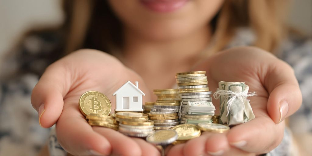 Femme comparant des symboles d'investissement variés.